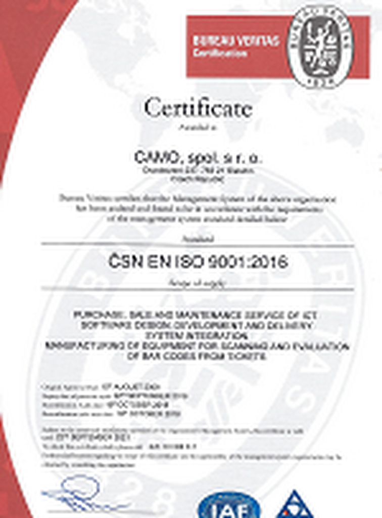 Certificate ČSN ISO 9001:2016 given by Bureau Veritas to Camo company