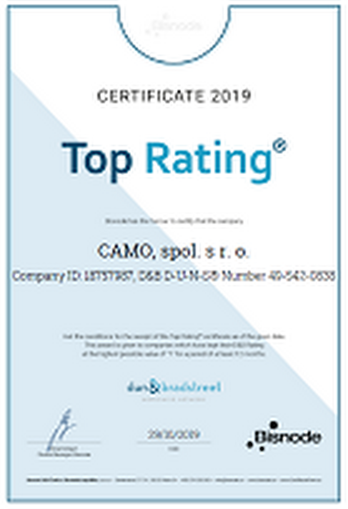 Certifikát Top Rating 2019 udělený Bisnode společnosti Camo